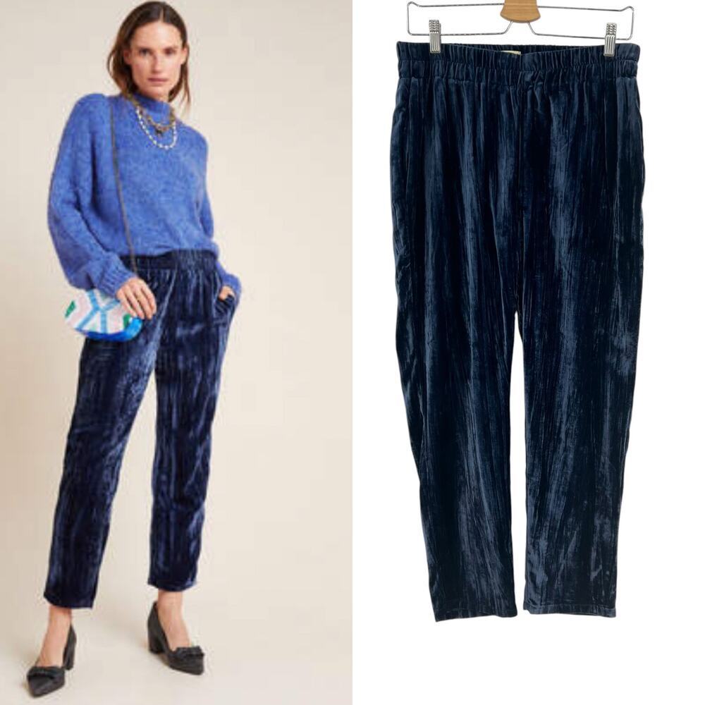 Anthropologie Tina + Jo Josephine‎ Trousers Velvet Tapered Crop Blue Size Medium